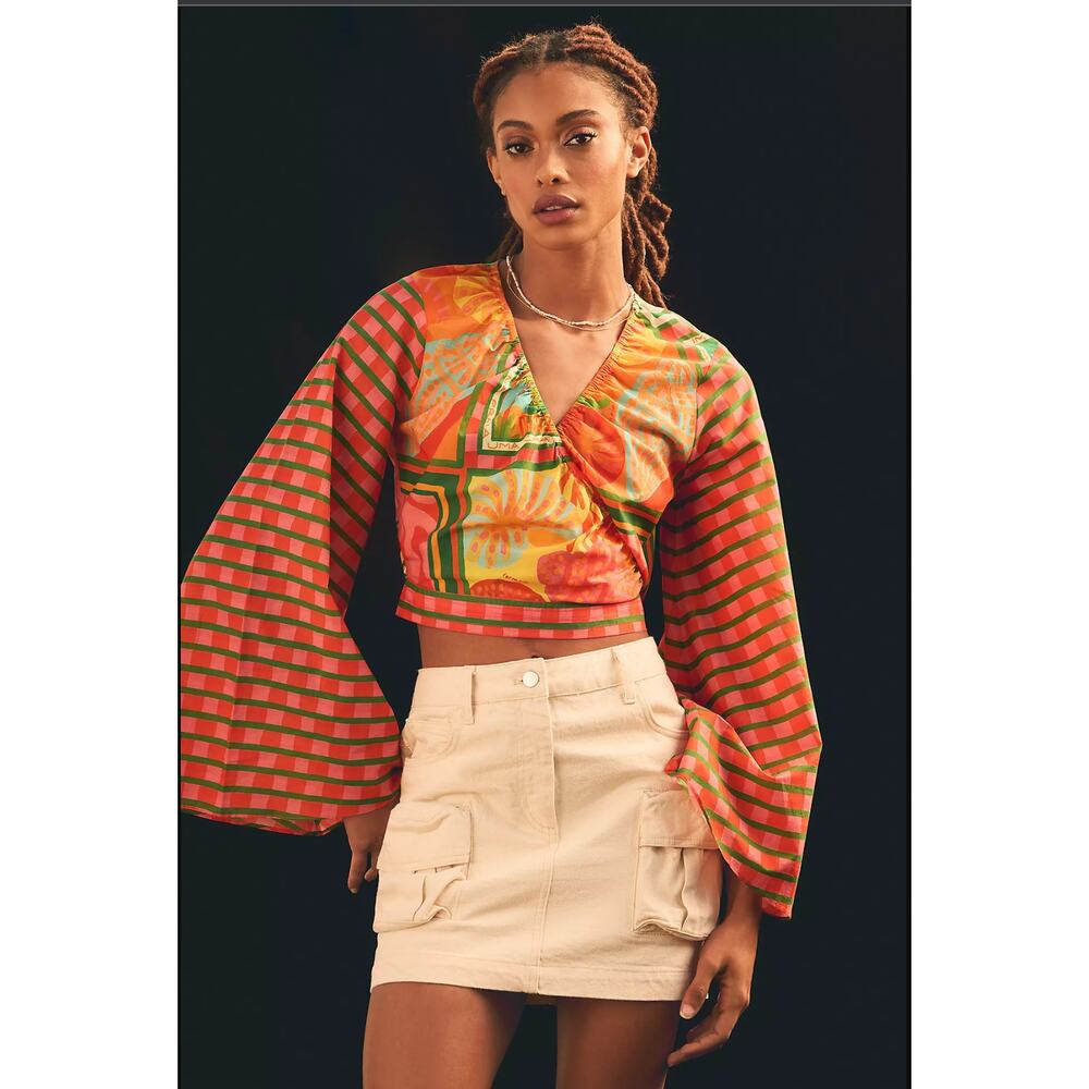 FARM Rio Orange & Green Patterned Wrap Crop Top